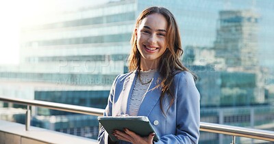 Buy stock photo Business woman, tablet and portrait in city with expert, review or research for economic report. Outdoor, technology and female economist on balcony, digital information or survey for fiscal policy