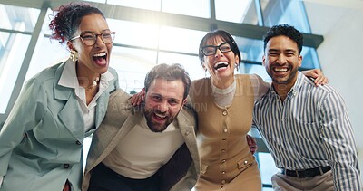 Buy stock photo Portrait, laughing and business people in team at office with happiness, confidence or about us pride. Corporate group hug, collaboration or below funny employees in workplace with company growth