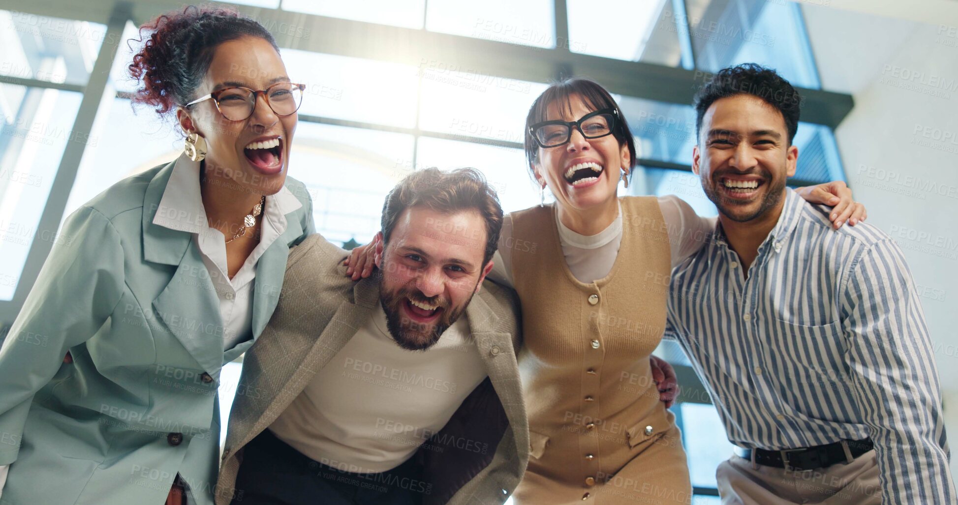 Buy stock photo Portrait, laughing and business people in team at office with happiness, confidence or about us pride. Corporate group hug, collaboration or below funny employees in workplace with company growth