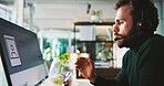 Communication, computer or man with headset in office for customer service, online advice or contact us. Client info, discussion or help desk agent with pc for complaint solution, faq or tech support