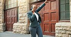 Business, woman and phone call with celebration in city for case success, lawsuit win and justice. Excited lawyer, black person and speaking to client for good news, career promotion and achievement
