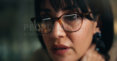 Buy stock photo Glasses, computer and businesswoman in office at night with reflection of creative project. Spectacles, technology and female magazine editor with online article for publishing in startup workplace.