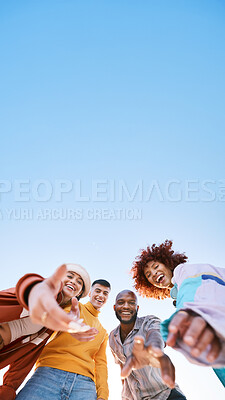 Buy stock photo Below, portrait and people with fashion, outdoor and bonding together with humor. Space, diversity and friends with smile, men or women with stylish clothes, gen z or laughing with happiness or funny