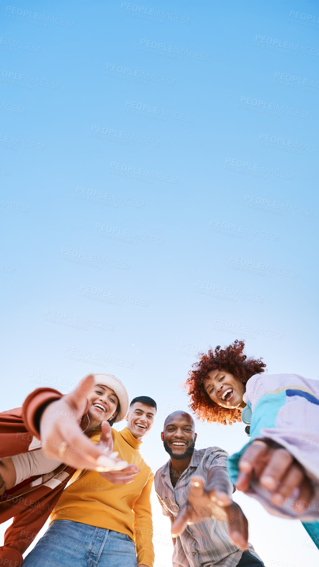 Buy stock photo Below, portrait and people with fashion, outdoor and bonding together with humor. Space, diversity and friends with smile, men or women with stylish clothes, gen z or laughing with happiness or funny