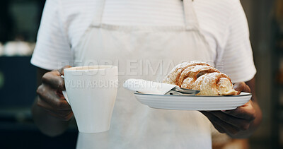 Buy stock photo Hands, customer service or person in cafe with order, meal delivery or sweet treat for breakfast. Hospitality, catering and waiter in bakery with pastry, warm beverage or food on morning shift.