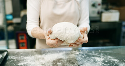 Buy stock photo Restaurant, dough and hands of baker in kitchen for bread, cooking and mixing flour. Bakery, ingredient and kneading with person baking in cafe for wheat pizza base, coffee shop and culinary process