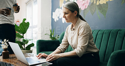 Buy stock photo Laptop, woman and mature manager in cafe for product inventory, supplier contact and budget planning. Online review, reputation rating and small business owner with tech and waiter in coffee shop