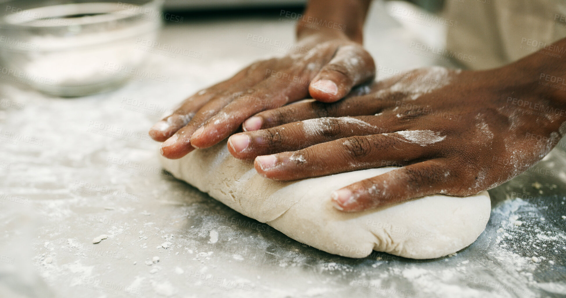 Buy stock photo Cooking, dough and hands of baker in kitchen for bread, restaurant and mixing flour. Bakery, ingredient and kneading with person baking in cafe for wheat pizza base, coffee shop and culinary process