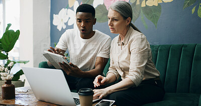 Buy stock photo Laptop, tablet and discussion with people in cafe for product inventory, supplier contact and budget planning. Online review, reputation rating and small business owner with employee in coffee shop