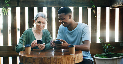 Buy stock photo Coffee shop, entrepreneur and employee with phone to check reviews or online comment for restaurant. Happiness, positive feedback or people with mobile for social media, reading website and blog post