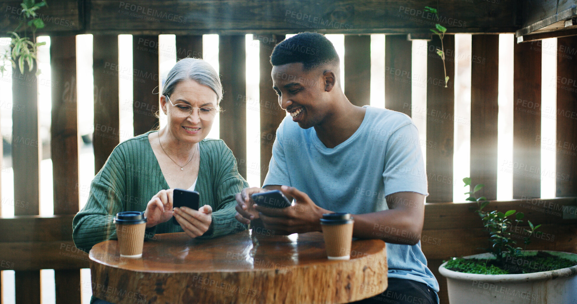 Buy stock photo Coffee shop, entrepreneur and employee with phone to check reviews or online comment for restaurant. Happiness, positive feedback or people with mobile for social media, reading website and blog post