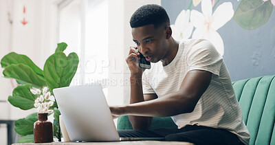 Buy stock photo Laptop, phone call and discussion with black man in cafe for product inventory, supplier contact and planning. Communication, management and small business owner with online order in coffee shop