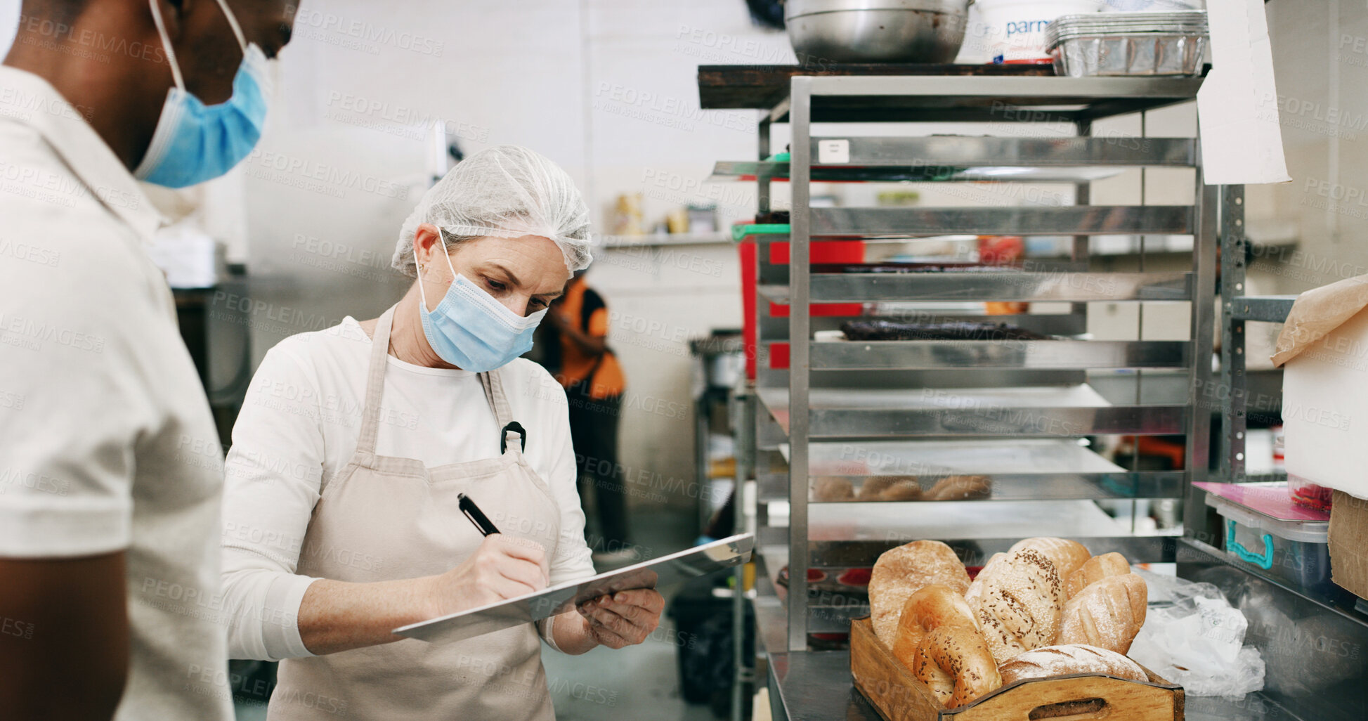 Buy stock photo Health, inspection or people in cafe with clipboard, hygiene or food safety in checklist. Sanitation, review or inspector in kitchen with writing, quality control or compliance in restaurant service.