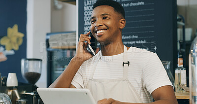 Buy stock photo Man, barista and phone call at coffee shop, smile and contact for stock, deal or inventory management. African person, waiter and happy for talk, smartphone or chat with supplier for discount at cafe