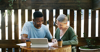 Buy stock photo Tablet, discussion and business people in cafe with teamwork for creative project with plan. Collaboration, cappuccino and magazine editor with manager for article publishing with digital technology.