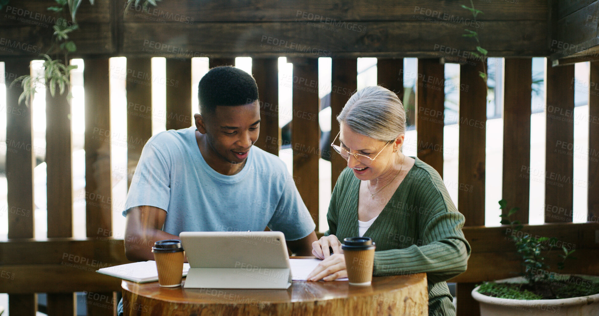 Buy stock photo Tablet, discussion and business people in cafe with teamwork for creative project with plan. Collaboration, cappuccino and magazine editor with manager for article publishing with digital technology.