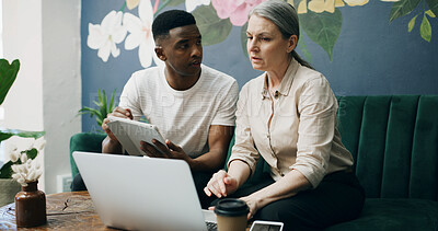 Buy stock photo Laptop, tablet and meeting with people in cafe for product inventory, supplier contact and budget planning. Online review, reputation rating and small business owner with employee in coffee shop