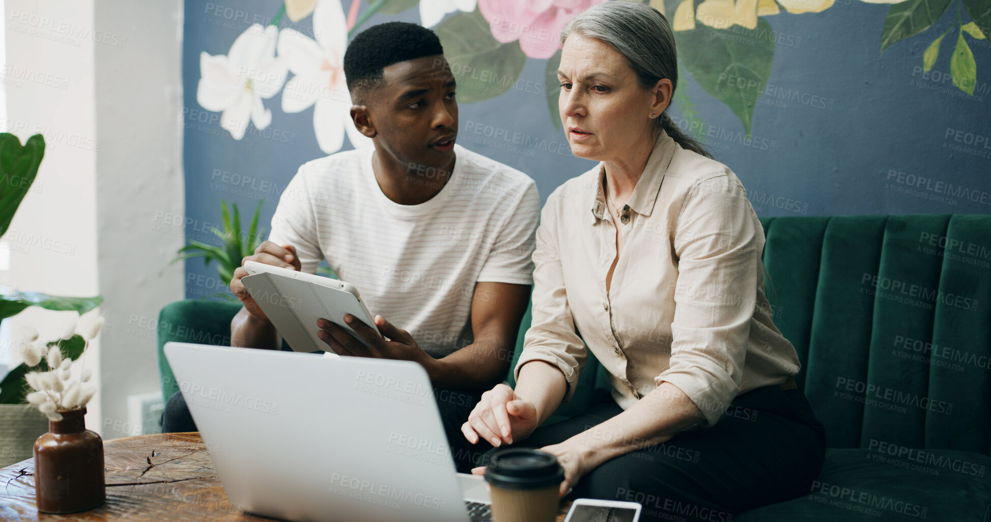 Buy stock photo Laptop, tablet and meeting with people in cafe for product inventory, supplier contact and budget planning. Online review, reputation rating and small business owner with employee in coffee shop