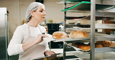 Buy stock photo Restaurant, pastry chef and woman in commercial kitchen with paperwork, checklist and quality control. Baker, clipboard and stock for catering, bakery industry and production for breakfast or snack