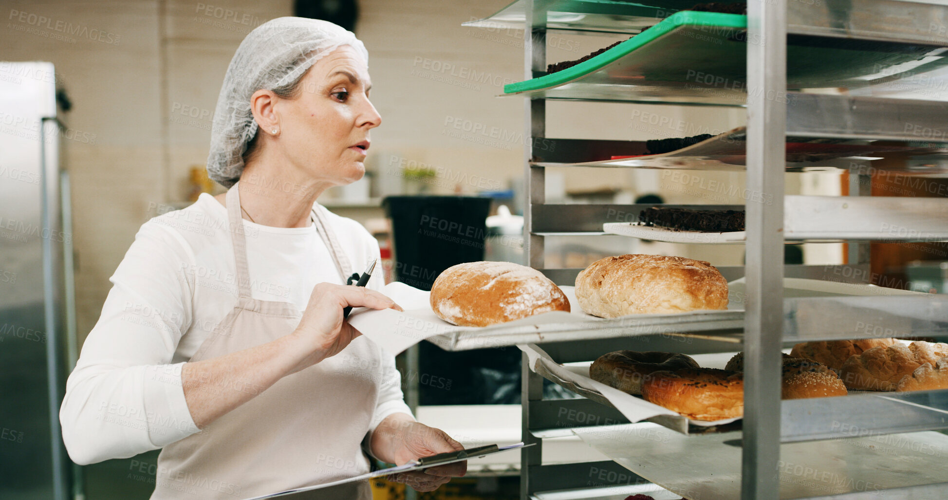 Buy stock photo Restaurant, pastry chef and woman in commercial kitchen with paperwork, checklist and quality control. Baker, clipboard and stock for catering, bakery industry and production for breakfast or snack