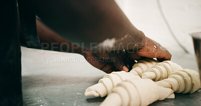 Buy stock photo Bakery, pastry chef and hands in commercial kitchen with croissant, dough and small business. Baker, order and quality control for catering, restaurant industry and production for breakfast or snack