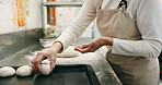 Woman, hands and flour in bakery with dough for baking bread, cooking food and restaurant cuisine. Chef, powder and ingredients in kitchen with catering, meal prep and gluten free sourdough recipe.