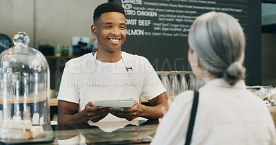 Buy stock photo Waiter, customer and tablet in small business for service, order system and friendly hospitality in cafe. Man, tech and client in coffee shop for POS app, menu information and support local startup