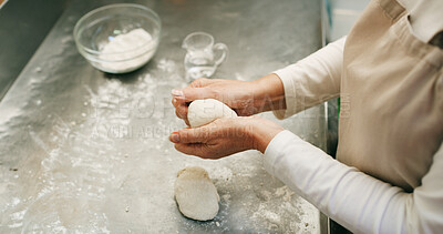 Buy stock photo Flour, dough and hands of baker in kitchen for bread, cooking and restaurant. Bakery, ingredient and kneading with person baking in cafe for wheat pizza base, coffee shop and culinary process