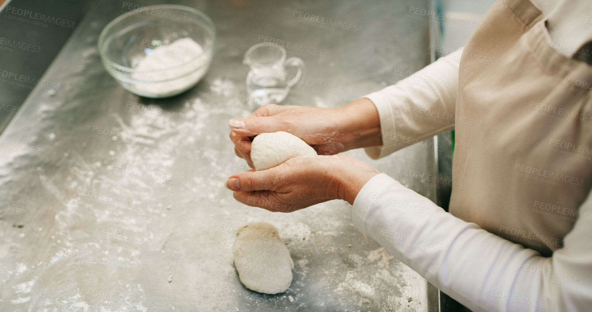 Buy stock photo Flour, dough and hands of baker in kitchen for bread, cooking and restaurant. Bakery, ingredient and kneading with person baking in cafe for wheat pizza base, coffee shop and culinary process