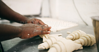 Buy stock photo Bakery, pastry chef and hands in commercial kitchen with dough, croissant and small business. Baker, order and quality control for catering, restaurant industry and production for breakfast or snack