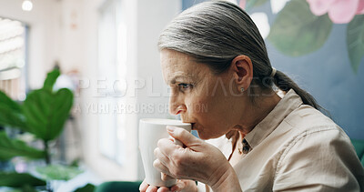 Buy stock photo Coffee, drinking and mature woman in cafe for calm, relax or peace in morning with ideas for day. Cappuccino, thinking and female person with warm beverage in restaurant or diner for hospitality.