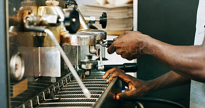 Buy stock photo Barista, hands or espresso in cafe with coffee machine for customer order, hospitality or service industry. Restaurant, employee or person with appliance for latte, beverage or hot drink preparation.