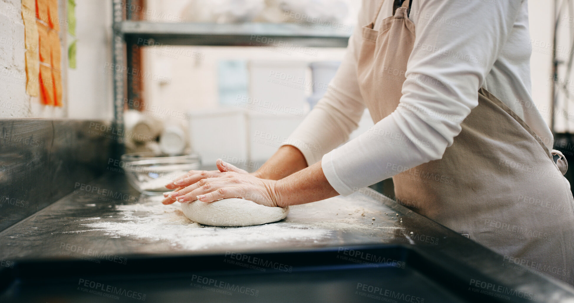 Buy stock photo Restaurant, dough and bread with hands of baker in kitchen for store, cooking and mixing flour. Bakery, lunch and kneading with person in cafe for wheat pizza base, coffee shop and culinary process