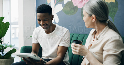 Buy stock photo Cafe, meeting and man with tablet, happy and manager with positive feedback for design and creative. Coffee shop, discussion and web designer with smile for opportunity, people and tech for project