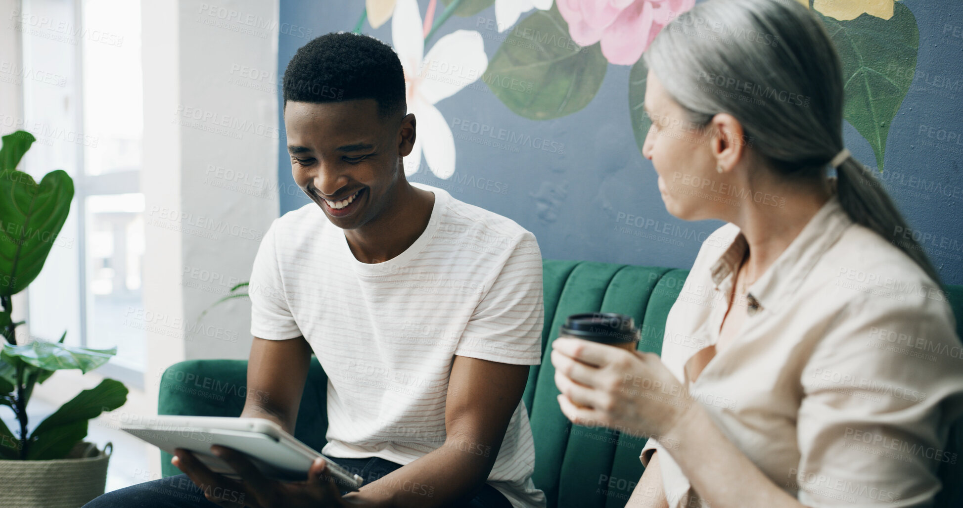 Buy stock photo Cafe, meeting and man with tablet, happy and manager with positive feedback for design and creative. Coffee shop, discussion and web designer with smile for opportunity, people and tech for project