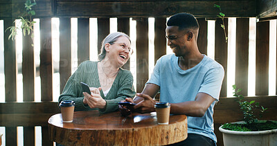 Buy stock photo Cafe, entrepreneur or employee laughing with phone, funny review or online comment for restaurant. Flare, positive feedback or happy people with mobile in coffee shop, reading website or social media