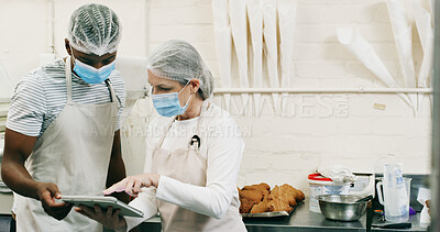 Buy stock photo Health, inspection or people in restaurant with tablet, hygiene or food safety in online checklist. Sanitation, review or inspector in kitchen with tech, quality control or compliance in cafe service