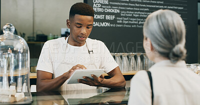 Buy stock photo Waiter, customer and tablet in startup for service, order system and efficient hospitality in cafe. Man, tech and client in coffee shop for POS app, menu information and support local small business