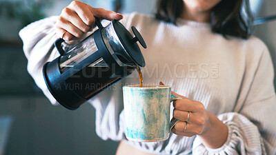 Buy stock photo Hands, coffee press and mug in home, kitchen and pour with warm beverage, espresso and liquid. Person, cup and container with morning routine, caffeine or drink with filter kettle at apartment