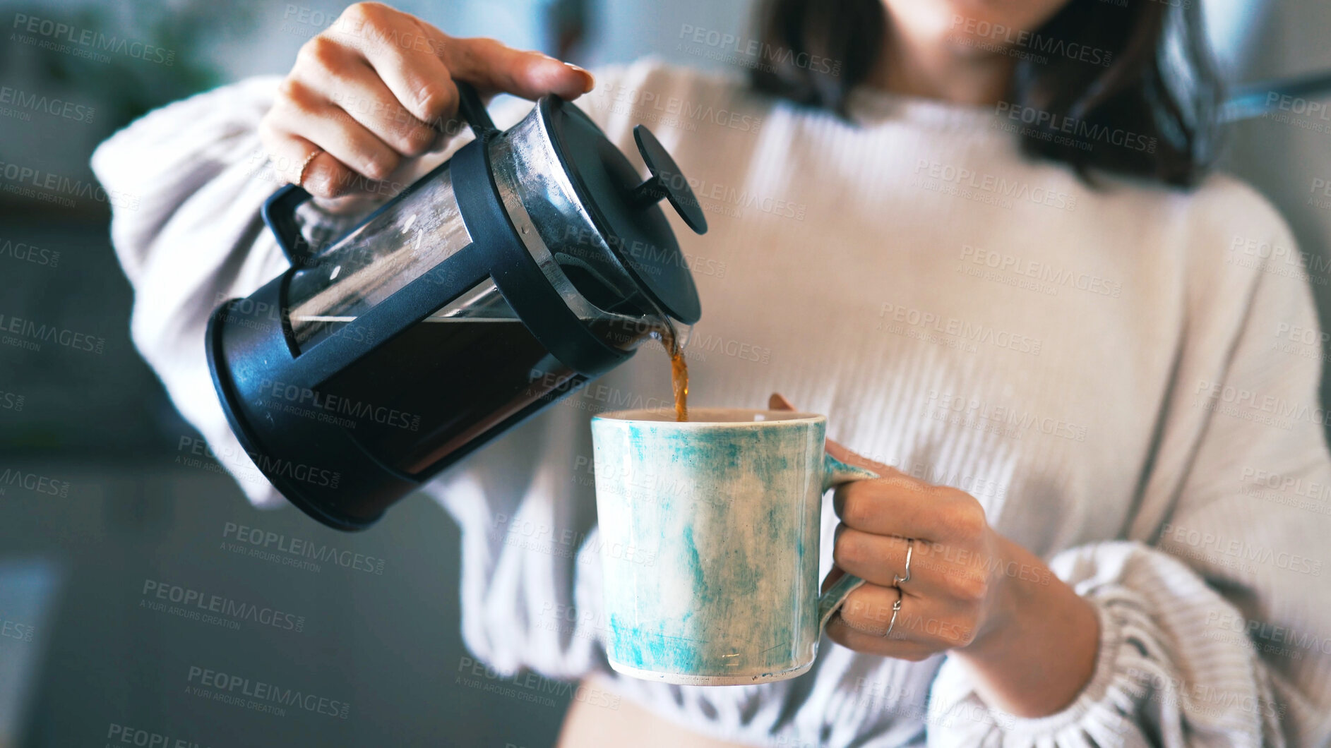 Buy stock photo Hands, coffee press and mug in home, kitchen and pour with warm beverage, espresso and liquid. Person, cup and container with morning routine, caffeine or drink with filter kettle at apartment