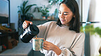Woman, coffee press and mug in home, kitchen and pour with warm beverage, espresso and smile. Person, cup and container with morning routine, caffeine and drink with filter kettle at apartment