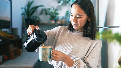 Buy stock photo Woman, coffee press and mug in home, kitchen and pour with warm beverage, espresso and smile. Person, cup and container with morning routine, caffeine and drink with filter kettle at apartment