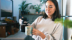 Woman, coffee press and portrait in home, kitchen and happy with warm beverage, mug and smile. Person, cup and container with morning routine, confident or pour drink with pride at house in Cambodia