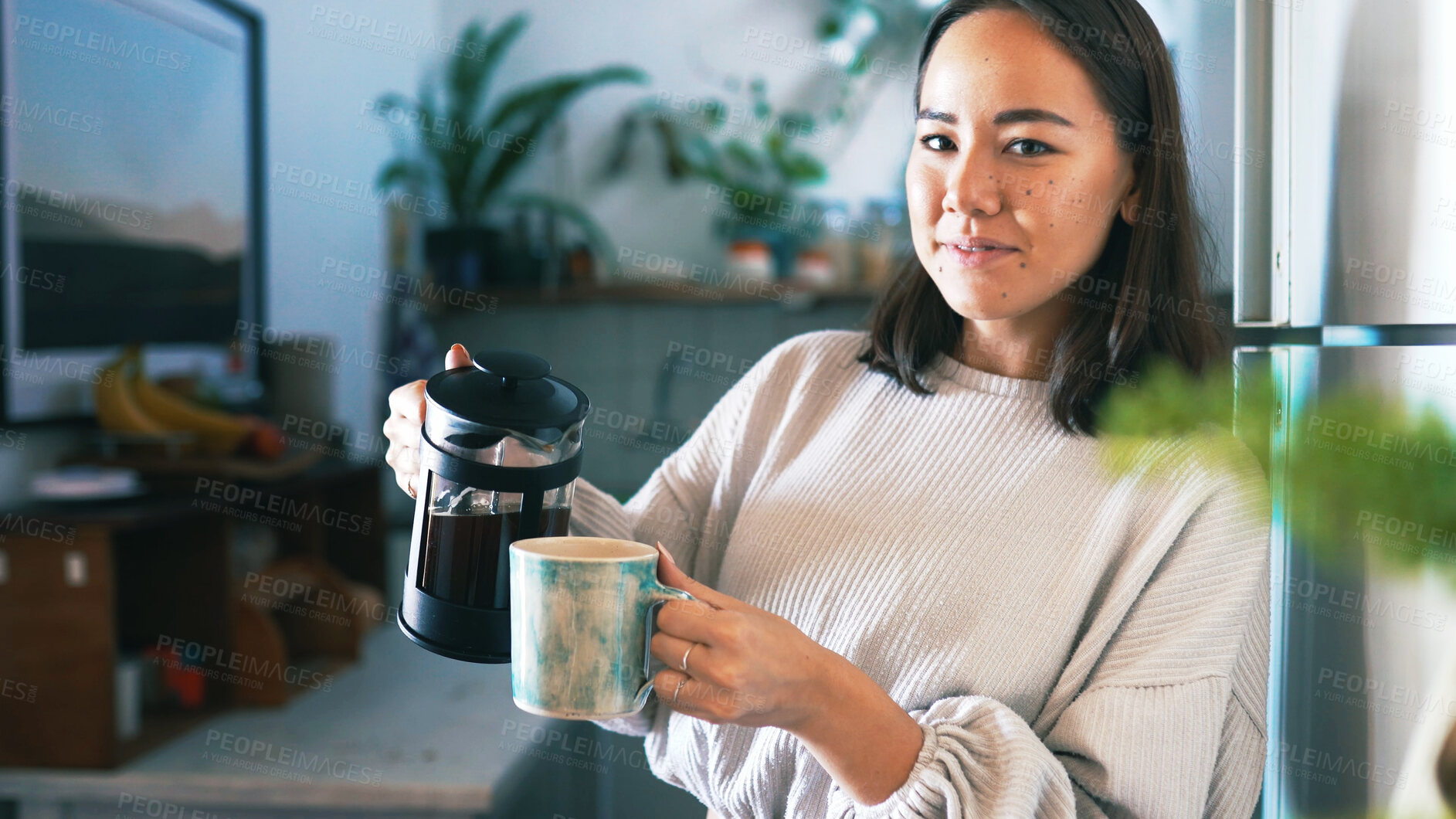 Buy stock photo Woman, coffee press and portrait in home, kitchen and happy with warm beverage, mug and smile. Person, cup and container with morning routine, confident or pour drink with pride at house in Cambodia
