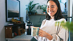 Woman, coffee press and portrait in kitchen, home and pride with warm beverage, mug and smile. Person, cup and kettle with morning routine, confident or happy for caffeine drink at house in Cambodia