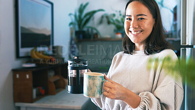 Buy stock photo Woman, coffee press and portrait in kitchen, home and pride with warm beverage, mug and smile. Person, cup and kettle with morning routine, confident or happy for caffeine drink at house in Cambodia