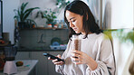 Woman, phone and glass in kitchen with smoothie, drink or gut health with texting for web chat in home. Person, smartphone and scroll with mobile app, contact or social media with nutrition in house
