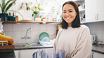 Woman, blender and portrait for smoothie in kitchen, self care or pride for drink, detox or diet at home. Person, milkshake and confident in house with appliance, weight loss or nutrition in Cambodia