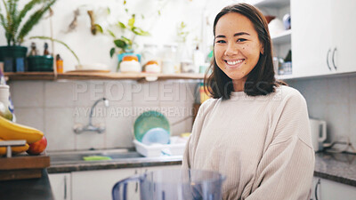 Buy stock photo Woman, blender and portrait for smoothie in kitchen, self care or pride for drink, detox or diet at home. Person, milkshake and confident in house with appliance, weight loss or nutrition in Cambodia