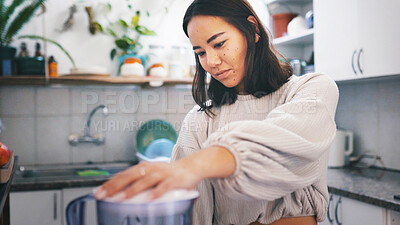 Buy stock photo Breakfast, smoothie and woman with blender, kitchen and detox with gut health benefits and beverage. Diet, nutrition and person with equipment for drink preparation, wellness and protein in home